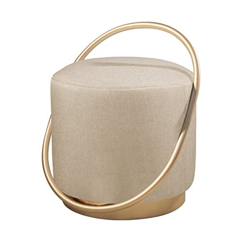 Puff Redondo Lunar em Linho e Base Metal Dourado Agarb Decor Cor:Linho Bege Claro