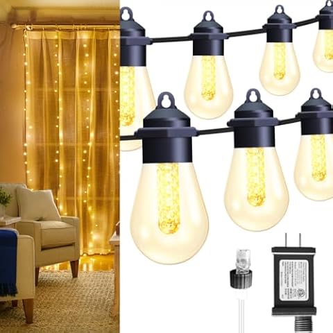 Honche 20Bulbs S14 String Light 49FT 1 Pack & 300LEDs Curtain Lights Warm White 1 Pack Cover