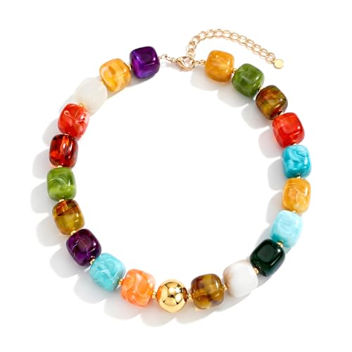Chunky Beaded Necklace for Women Colorful Square Stone Choker Necklace Summer Beach Vintage Multicolor Beaded Choker with Gold Bead Accent Retro Color Block Natural Adjustable Statement Jewelry Gifts