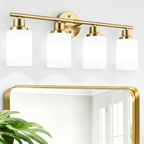 Image of 4-Light Vanity Lights, Brushed Gold Bathroom Light Fixture with Striped Textured Milky White Glass Shade, Modern Vanity Lighting Fixture for Bathroom Wall Light Over Mirror, E26 Wall Sconce