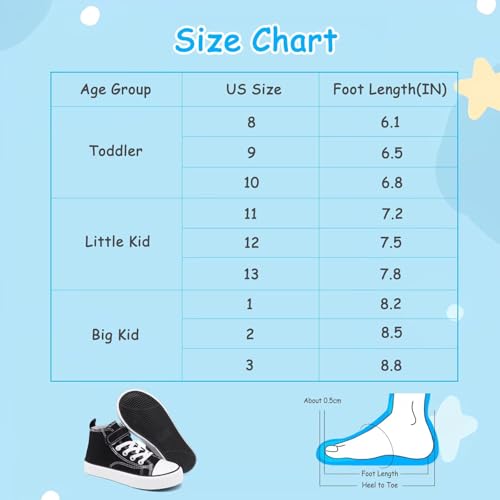 AOVOG Little Kids Shoes Girls Boys High Top Black Canvas Sneakers, Kids Walking Non-Slip Casual School Shoe,13
