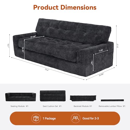Image of MONVANE 75.6 inch Convertible 3 Seater Sofa, 2-in-1 Boneless Sleeper Sofa Bed with Storage Pocket, Comfy Chenille Deep Seat Boneless Couch for Living Room, No Assembly Required, Black