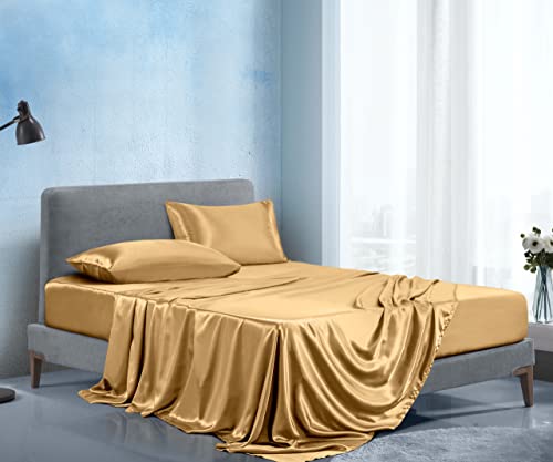 Manyshofu Satin King Sheets Set 4 Piece - Soft Silky Satin Sheets Set, Camel Gold Satin Bed Sheets Cooling & Luxury Bedding Sheet Set(1 Satin Fitted Sheet, 1 Satin Flat Sheet, 2 Satin Pillow Cases) #TOP2