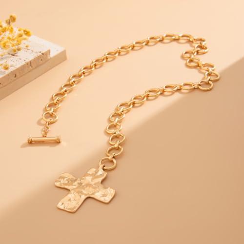 Chunky Cross Necklace for Women Chunky Gold Big Cross Statement Necklace Layering Hammered Bold Necklaces Stacks Toggle Necklaces for Women Stocking Stuffers4