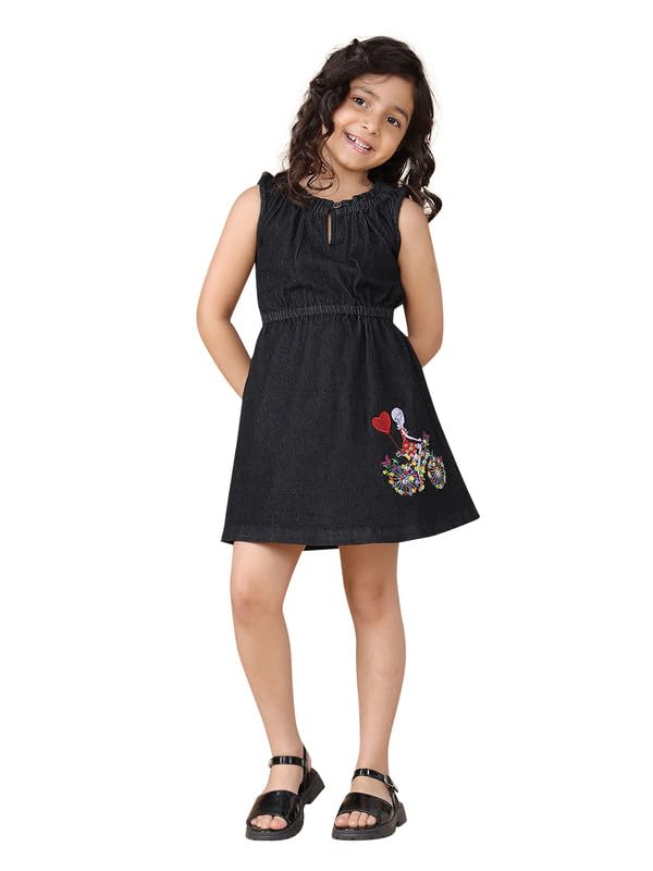 superminis Girls Denim Solid Color Half Sleeves Dress with Embroidered Pocket (1 Dress)