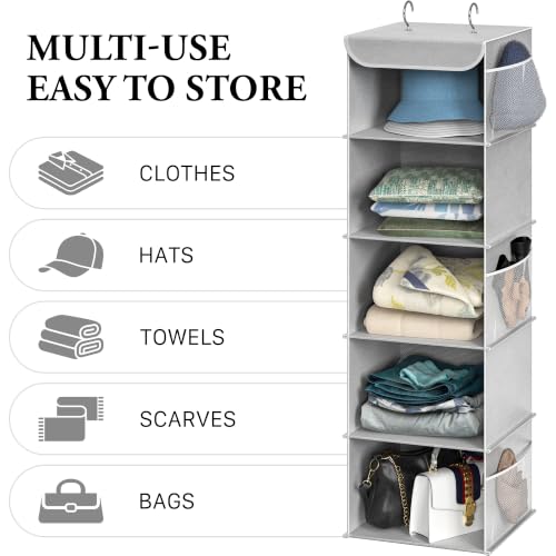 Simple-Houseware-5-Shelf-Hanging-Closet-Organizer-Gray-360-Rotating-Dual-Hooks-Top-Support-Metal-Frame-6-Side-Mesh-Pockets