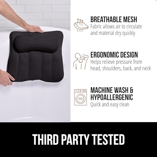 Image of GORILLA GRIP Bath Pillow for Tub, 6 Strong Suction Cups, 4D Mesh FlexComfort Headrest for Neck, Head and Back Support, Luxury Machine Washable Pillows, Bathtub Accessories, Spa Gifts for Women, Black