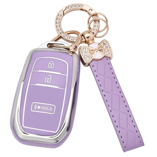 for Toyota Key fob Cover 3 Buttons Soft TPU Key Fob Case for 2022-2025 Toyota 4runner Prius Corolla Cross Hatchback Tundra Sequoia LE XLE Car Key Cover with Bling Keychain (Purple)
