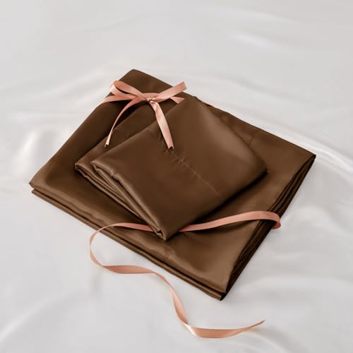 BEDELITE Satin Fitted Sheet and Pillowcases Set, Luxury Soft Similar to Silk Bottom Bedsheet with Elastic Corner Straps, Deep Pocket up to 15 Inch, 1 Fitted Sheet and 2 Pillowcases(King, Brown)