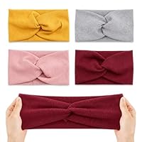 Generisch Elastische Breite Haarbänder für Damen und Mädchen, Baumwolle Twist Knoten Stirnbänder, 4er Pack, Gelb Grau Rosa Weinrot, 19x10cm, für Sport Yoga Laufen
