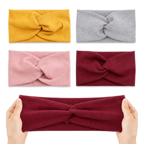 Generisch Elastische Breite Haarbänder für Damen und Mädchen, Baumwolle Twist Knoten Stirnbänder, 4er Pack, Gelb Grau Rosa Weinrot, 19x10cm, für Sport Yoga Laufen