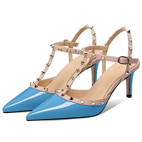 Image of XINIUNIU Studded Heels for Women Kitten Heels with Studs Stiletto Sandals with Rivet Ankle Strap Patent Leather Pointy Toe 2.5 Inch Party Daily Wear Evening Sandals