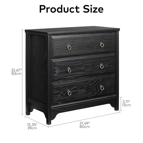 Image of Chogori Farmhouse Solid Wood Nightstand Set of 2, Rustic End Table with 3 Drawers & Vintage Ring Pulls, Sturdy Accent Side Table for Bedroom, Living Room, Hallway (Black-3 Drawers)