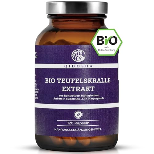 QIDOSHA Bio Teufelskralle Extrakt Kapseln 120 Kapseln im Apothekerglas Rohmaterial in Bio-Qualität aus Südafrika deutsche Fertigung jede Charge laborgeprüft