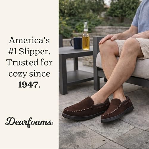 Image of Dearfoams Men's Keaton Moccasin House Shoes With Memory Foam, Indoor Slippers With Wide Widths