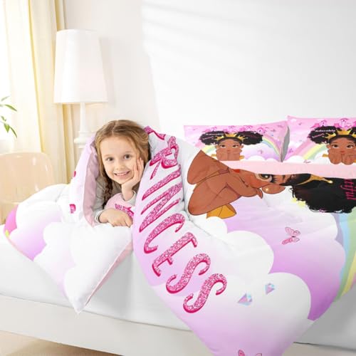 Image of Erosebridal Black Girls King Bedding Set Rainbow Princess Magical Comforter Set for Nursery Kids African American Quilt Black Princess Girl Duvet Insert Pretty Little Girls Inspirational Bed Set
