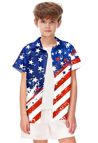 Image of Remimi Unisex Kids 4th of July Button Up Shirt Boys American Flag Print Hawaiian Beach Short Sleeve Tops 5-14 Years