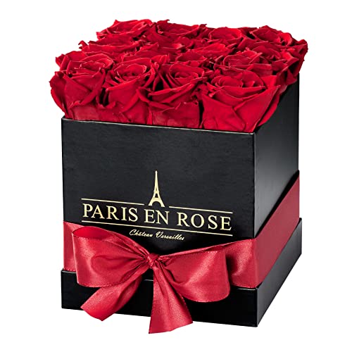 PARIS EN ROSE Rosenbox ECKIG | mit 12 bordeaux-roten Infinity Rosen Größe XL | eckige, schwarze Box mit Schleife | ewige Rose | 3 Jahre haltbar | Grußkarte PARIS EN ROSE Rosenbox ECKIG | mit 12 bordeaux-roten Infinity Rosen Größe XL | eckige, schwarze Box mit Schleife | ewige Rose | 3 Jahre haltbar | Grußkarte