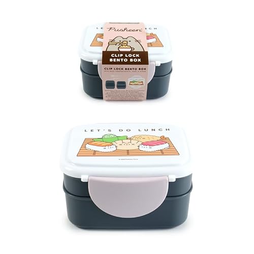 Puckator Pusheen the Cat Sushi Club Clip Lock Stacked Bento Lunch Box with Cutlery - for Adults and Kids with Compartments Snack Box Food Containers with Lids Stackable Snack Pots for Kids Meal Prep