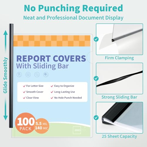 Image of Binditek Clear Report Covers with Sliding Bars, 25 Sheet Capacity, 100 Pack | Clear Report Covers for A4 and Letter Size, 5 mm Bars, 5.5 Mil Thick, Black, for Resumes, Presentations, School and Business