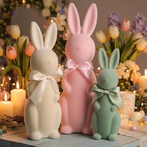 El Mejor Listado de Pascua los 5 más buscados. 47 Lanpn - 3 piezas de decoraciones de Pascua de conejo flocado con pajaritas, cifras de conejo pastel para centros de mesa de Pascua, decoración de estante de mesa de primavera para...