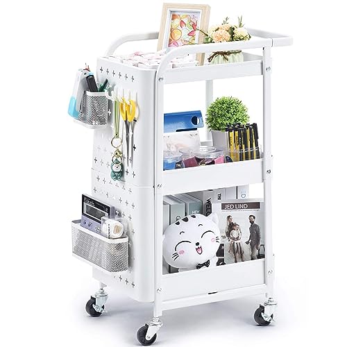 Kingrack 3-Tier Rolling Cart, Metal Utility Cart With Pegboard, Utility Rolling Storage Carts With Wheels, Craft Storage Trolley With Handle For Kitchen Office Classroom, White #TOP14