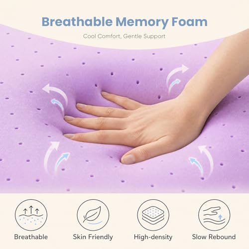 Image of DUMOS 2 Inch Cooling Memory Foam Mattress Topper Full, Gel Ventilated Soft Pressure Relief Mattress Pad, Breathable Bed Topper for Bedroom, RV, Camper and Sleeper Sofa, CertiPUR-US Certified, Purple