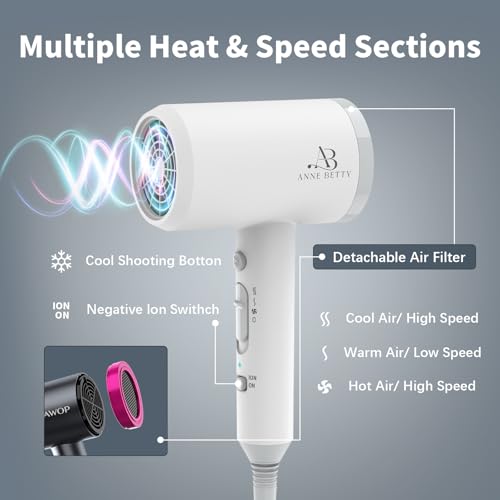 Image of ANNE BETTY Hair Dryer with Diffuser for Curly Hair, 1800W Ionic Blow Dryer for Women & Men, Fast-Drying, Lightweight, Low Noise, Hair Care Styling Tool for Home, Travel