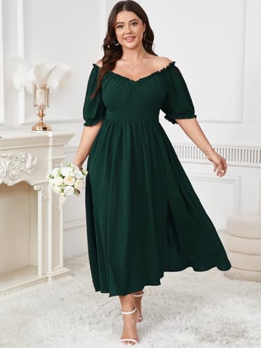 SCOMCHIC Women's Plus Size Wedding Guest Dresses Cocktail Formal Summer V Neck Puff Short Sleeve Slit A Line Maxi Dress4