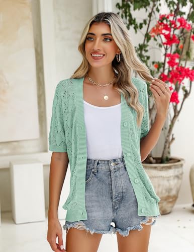 Image of Zeagoo Women's Short Sleeve 2024 Summer Crochet Cropped Cardigan V Neck Button up Bolero Shrug Sweater Mint Green, Large