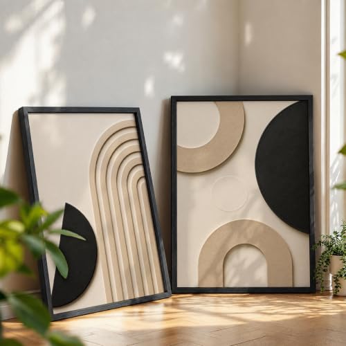 Image of NoWorries Abstract Geometric Wall Painting Set of 2 with Frame | Black Beige Arch & Circle Texture Artwork, Modern Minimal Wall Decor for Living Room, Bedroom, Office and Home Decoration (Art-20, 21x31inch)