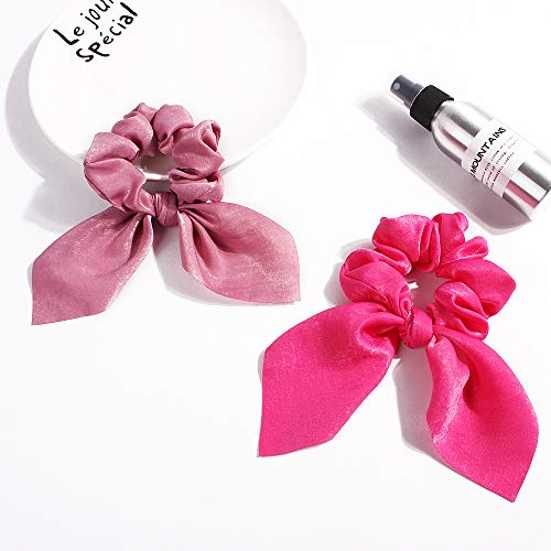 Bow Scrunchies For Long Hair - 8 Pcs Chiffon Satin Scrunchies Silk With Bow Scarf, Solid Stripe Flower Color Bow Scrunchies, Ponytail Holder With Tail, Rabbit Bunny Ear Bowknot Hair Accessories (6) - Thumbnail 7