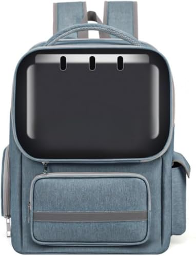 DancJulieメッシュ窓付きの猫犬用リュック。小型犬や猫に最適です。折りたたみ式で軽量、シートベルトに取り付け可能。旅行、キャンプ、ドライブ、旅行、災害時の対応に便利です。 (デニムブルー)