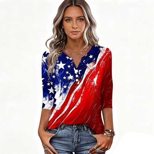 Image of 4th of July Shirts Women 3 /4 Length Sleeve Womens Tops Henley Neck Casual Patriotic T Shirts