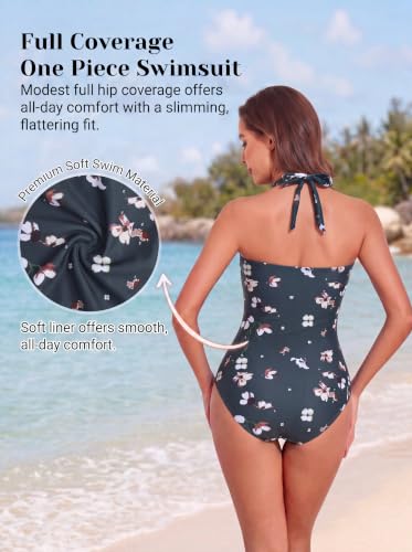 Image of Smismivo Tummy Control Swimwear Halter One Piece Slimming Vintage Retro Swimsuit Womens Ruched Push Up Bathing Suit