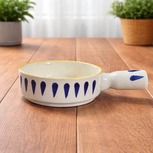 Image of Niyara Stoneware Handmade Ceramic Stylish Premium Serving Bowls /Salad Tray Microwave Dishwasher Safe (Blue & White Bowl with Handle with Candle & Gift Box)