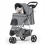 MoNiBloom 3 Wheels Pet Dog Cat Stroller for Small Medium Dogs and Cats, Lightweight Foldable Jogger Stroller w/Storage Basket and Cup Holder, Gray