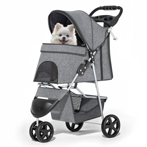 MoNiBloom 3 Wheels Pet Dog Cat Stroller for Small Medium Dogs and Cats, Lightweight Foldable Jogger Stroller w/Storage Basket and Cup Holder, Gray