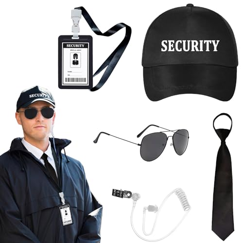 5pcs Agent Costume Set Secret Security Service Outfit Accessory Kit Includes Adjustable Hat Pretied Zipper Tie Black Sunglasses Earpiece and ID Card for Teens Adults Cosplay Game Halloween Party Gear