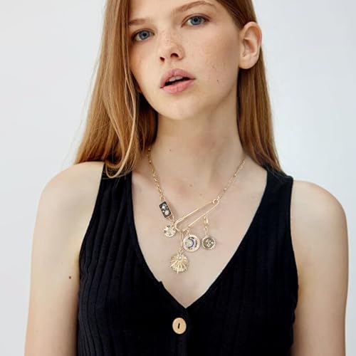 Gold Charm Necklace for Women, Detachable Women's Evil Eye Paperclip Charm Necklace, Gold Coin Necklace2