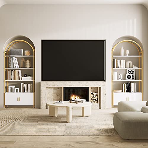 Image of Jehiatek Gold Bookshelf, Arched Bookcase with Doors Storage, 71 inch Tall Industrial Book Shelf with Sturdy Metal Frame, E1 Quality Boards, Freestanding Display Shelving Unit, White and Gold