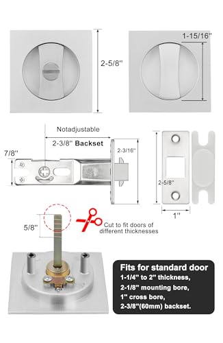Image of goldenwarm Brushed Nickel Pocket Door Lock, Privacy Square Pocket Door Hardware Not-Adjustable 2-3 /8 inch Latch, Pocket Door Handles for Pocket Doors Sliding Doors 1 Pack