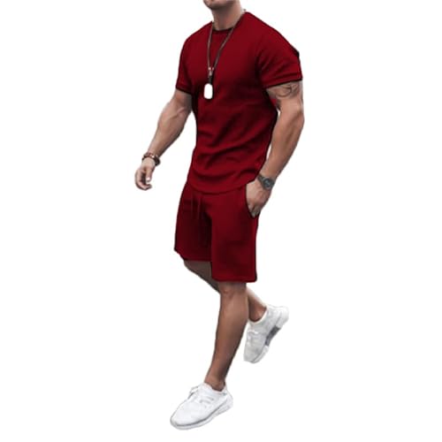 congluoki Men's Shirt and Shorts Set 2 Piece Outfits Fashion Summer Tracksuits Casual Sportwear Set Wine Red M