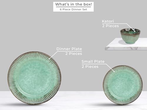 Image of Bodhi House Premium 6-Piece Stoneware Dinner Set Serving for 2 - Handcrafted Ceramic Plates, Bowls & Serving Bowls | Microwave & Dishwasher Safe | Elegant Modern Tableware Crockery Turquoise Green