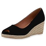 SCARPE VITA Damen Pumps Wildleder-Optik Keilpumps Bast Keilabsatz Freizeit Schuhe Peeptoes Sommer Absatzschuhe 196282 Schwarz Schwarz 37