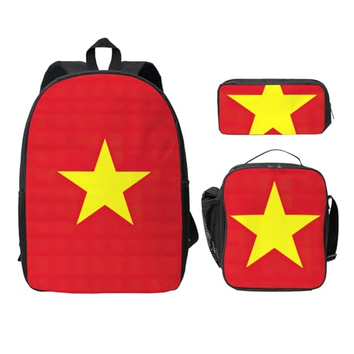 Mochila escolar de bandera vietnamita negra en pack de 3 piezas con estuche y fiambrera