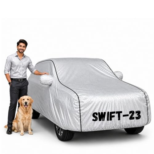 Image of Waterproof Car Cover for Swift 2018-23 | Soft Cotton Lining Heavy Duty Triple Stitched Heat Resistant Outdoor Cover Comes with Mirror and Antenna Pocket Full Bottom Elastic (Zig Zag Silver)