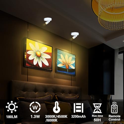 Image of LED Spotlight, Rechargeable Plant Lights, Uplights Indoor | 3 Lighting Modes Battery Powered Picture Light with Remote, Mini Spotlights for Displays Artwork Painting Cabinet, White