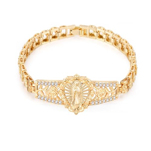 14K Gold Plated Virgin Mary Bracelet for Women – Hypoallergenic Non Tarnish Catholic Jewelry, Dainty Stainless Steel Cubic Zirconia Religious Bracelet, Baptism Gifts for Her