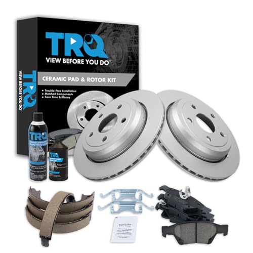 Image of TRQ Rear Brake Pad & Rotor Kit, with Chemical Kit Parking Brake Shoe Set Ceramic Premium G-Coated Compatible with 2011-2019 Dodge Durango Jeep Grand Cherokee